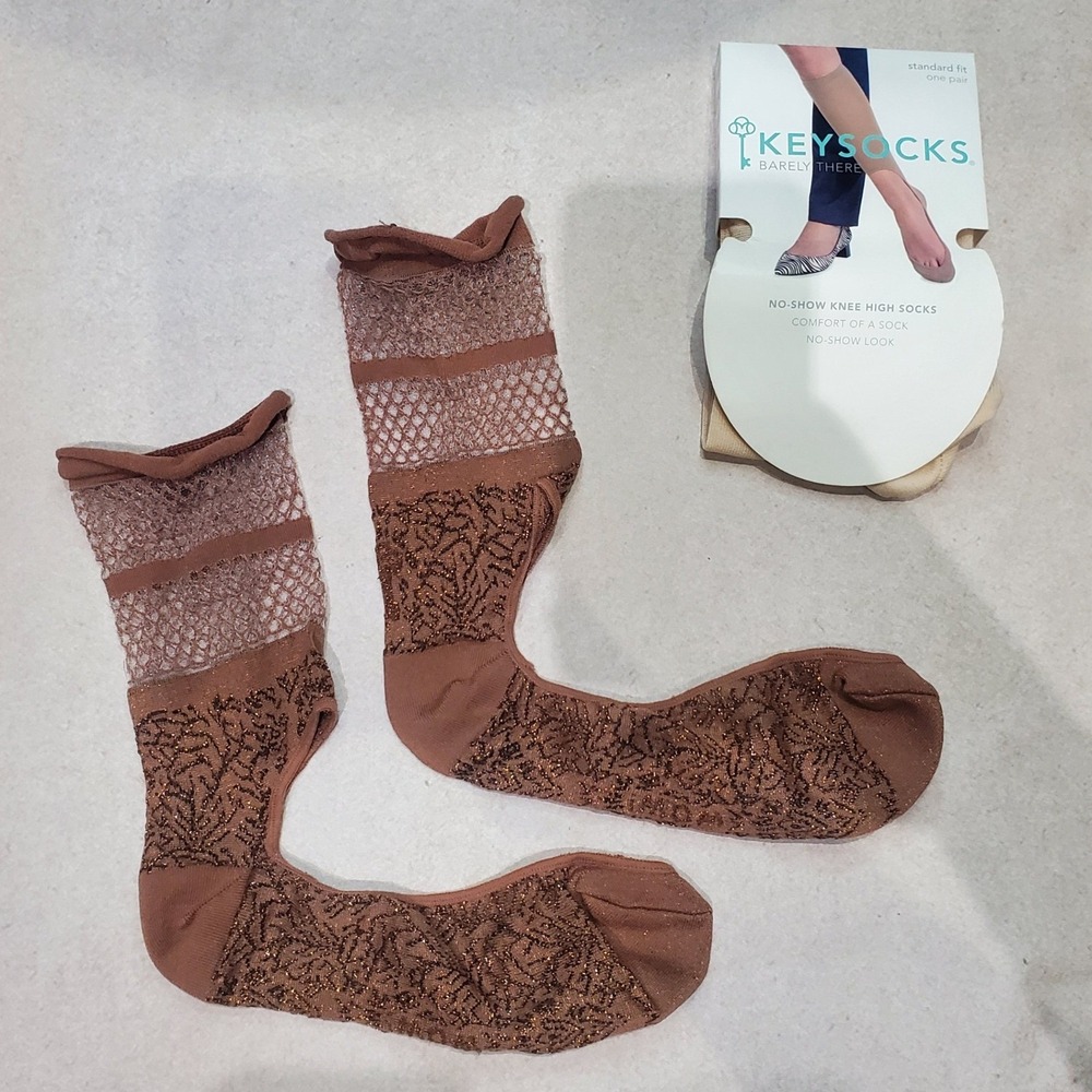 Keysocks No Show Calf & Knee High Socks Cream Brown Women Standard Fit